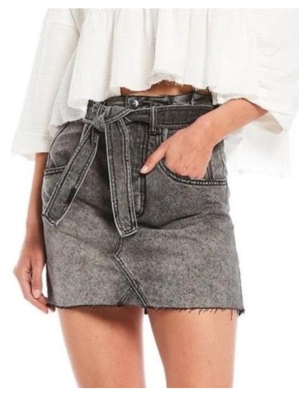 Free People We The Free East Of Eden Denim Mini Skirt Belted Grey Washed Size 29